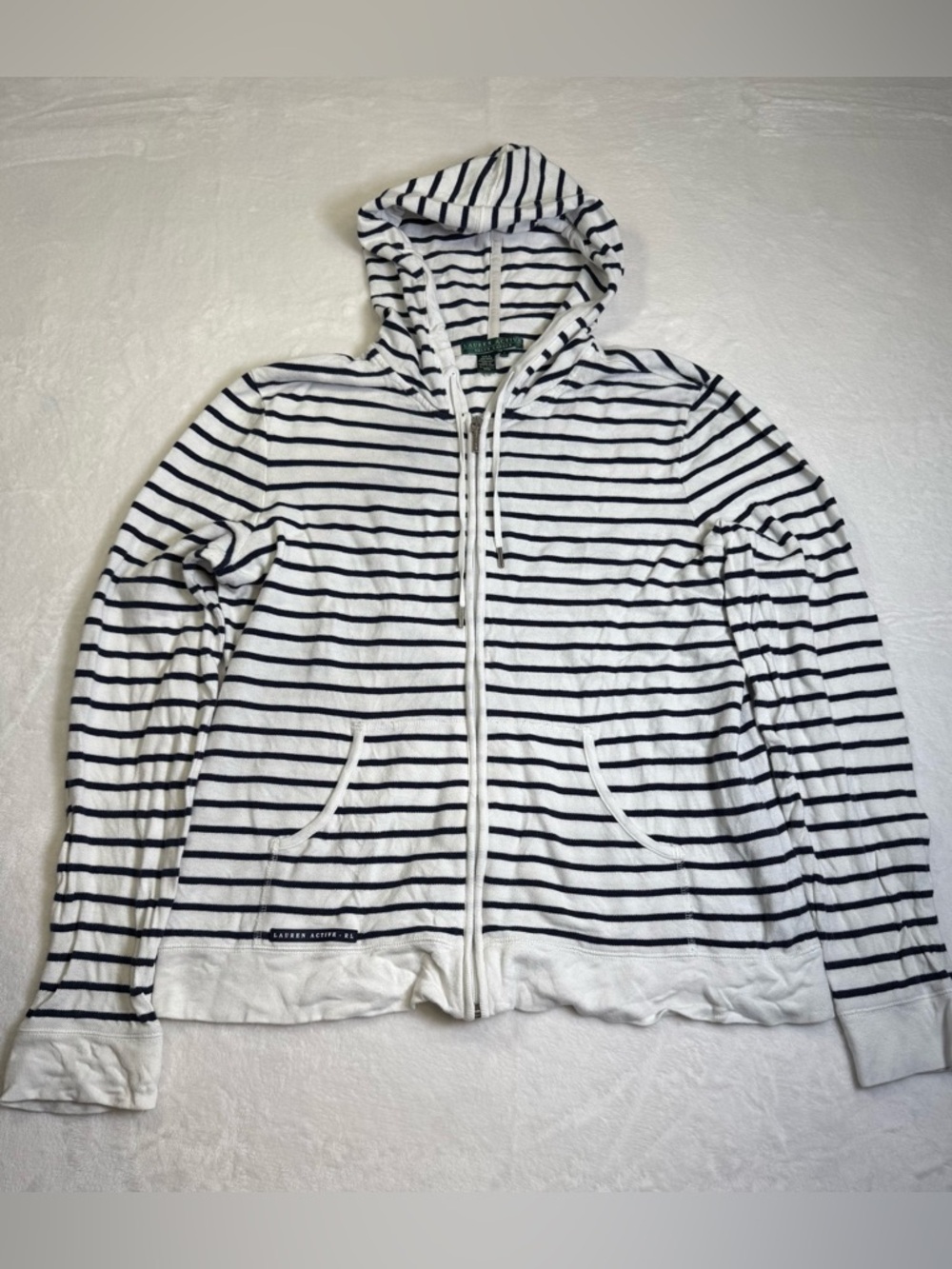 Ralph Lauren Active‎ Striped Full Zipper Hoodie in White and Navy